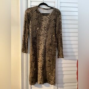 Zara Brown Snake-Print Long Sleeve Midi Dress Size Small